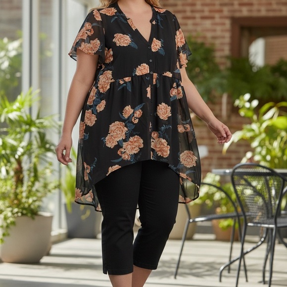 Torrid Black Floral High-Low Chiffon Tunic Blouse | Like New | Size 2X (18/20) - Picture 3 of 5